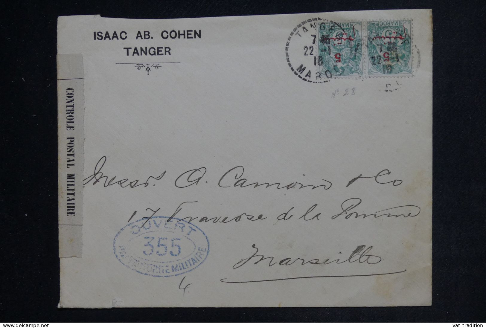 MAROC - Enveloppe Commerciale De Tanger Pour Marseille En 1916 Avec Contrôle Postal - L 152472 - Brieven En Documenten