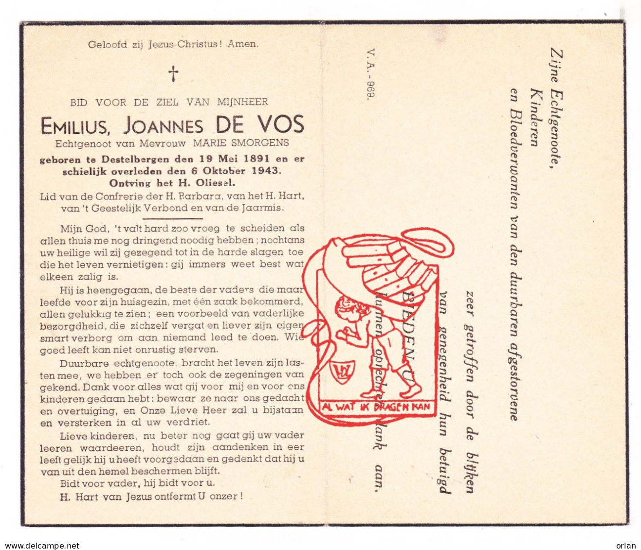 DP Emilius Joannes De Vos 52j. ° Destelbergen 1891 † 1943 X Marie Smorgens - Images Religieuses