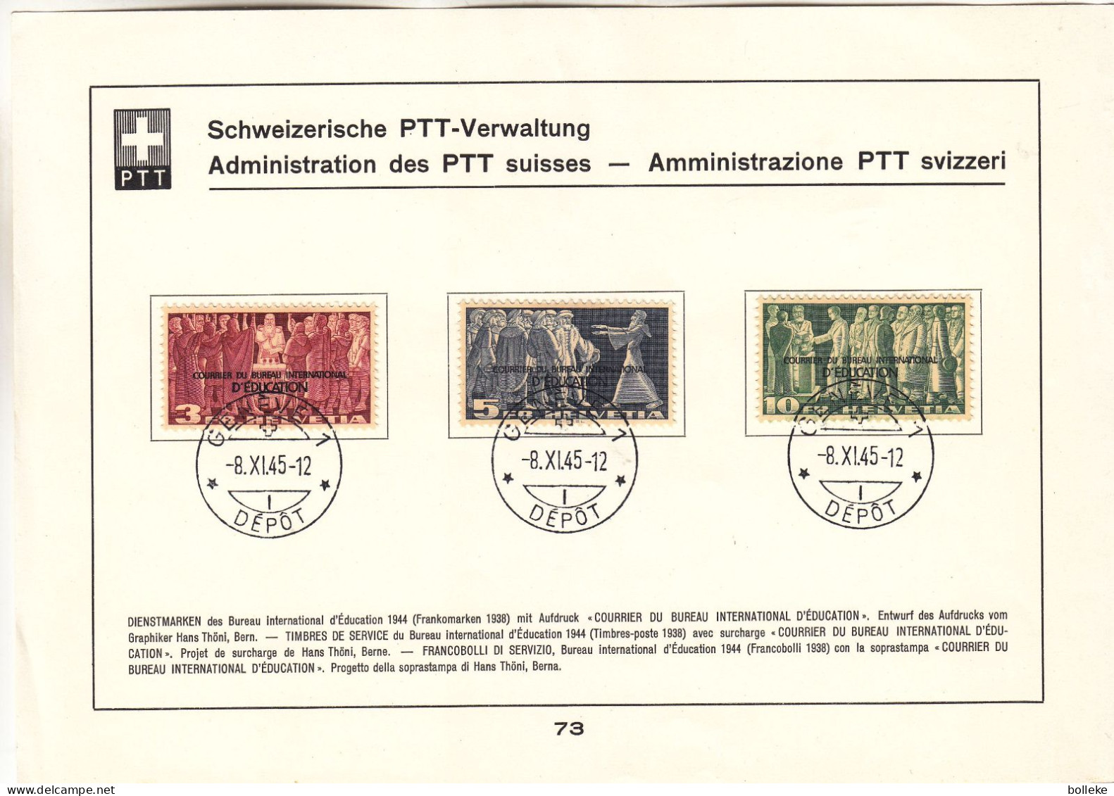 Suisse - 3 Documents De 1945 -GF - Oblit Genève - Timbres Service Du Bureau International D'éducation - Valeur 900 € - - Brieven En Documenten