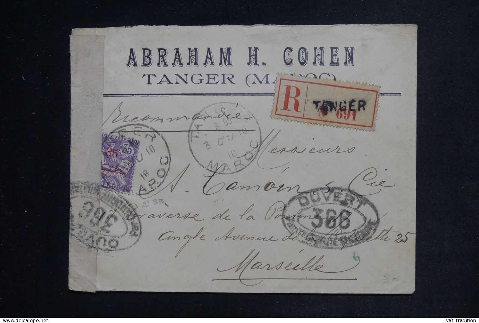 MAROC - Enveloppe Commerciale En Recommandé De Tanger Pour Marseille En 1916 Avec Contrôle Postal - L 152473 - Lettres & Documents