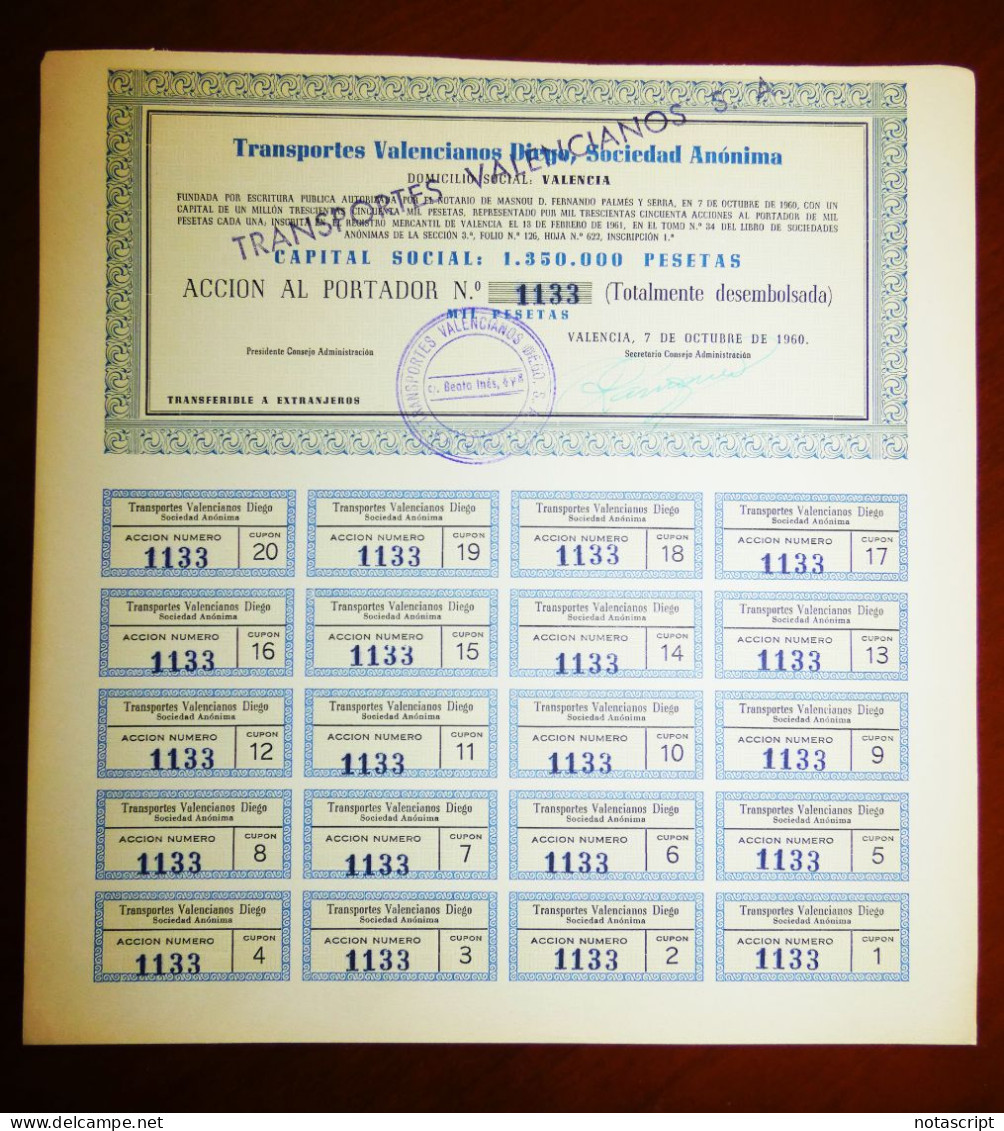 TRANSPORTES VALENCIANOS DIEGO SA Valencia  ,Spain 1960 Share Certificate - Trasporti