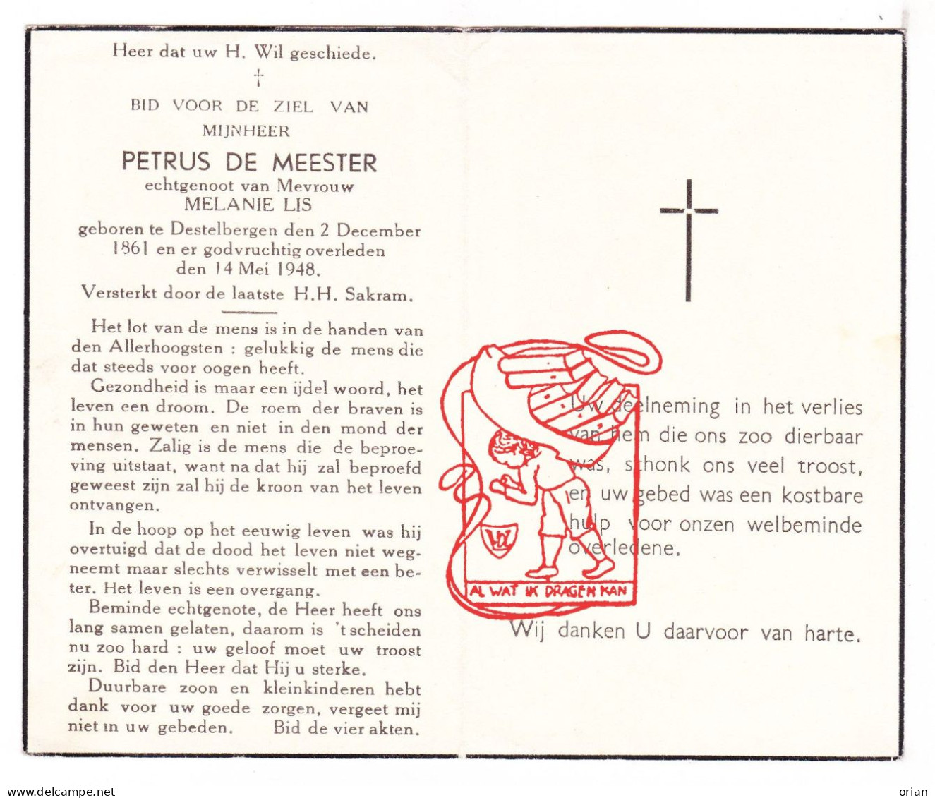 DP Petrus De Meester ° Destelbergen 1861 † 1948 X Melanie Lis - Images Religieuses