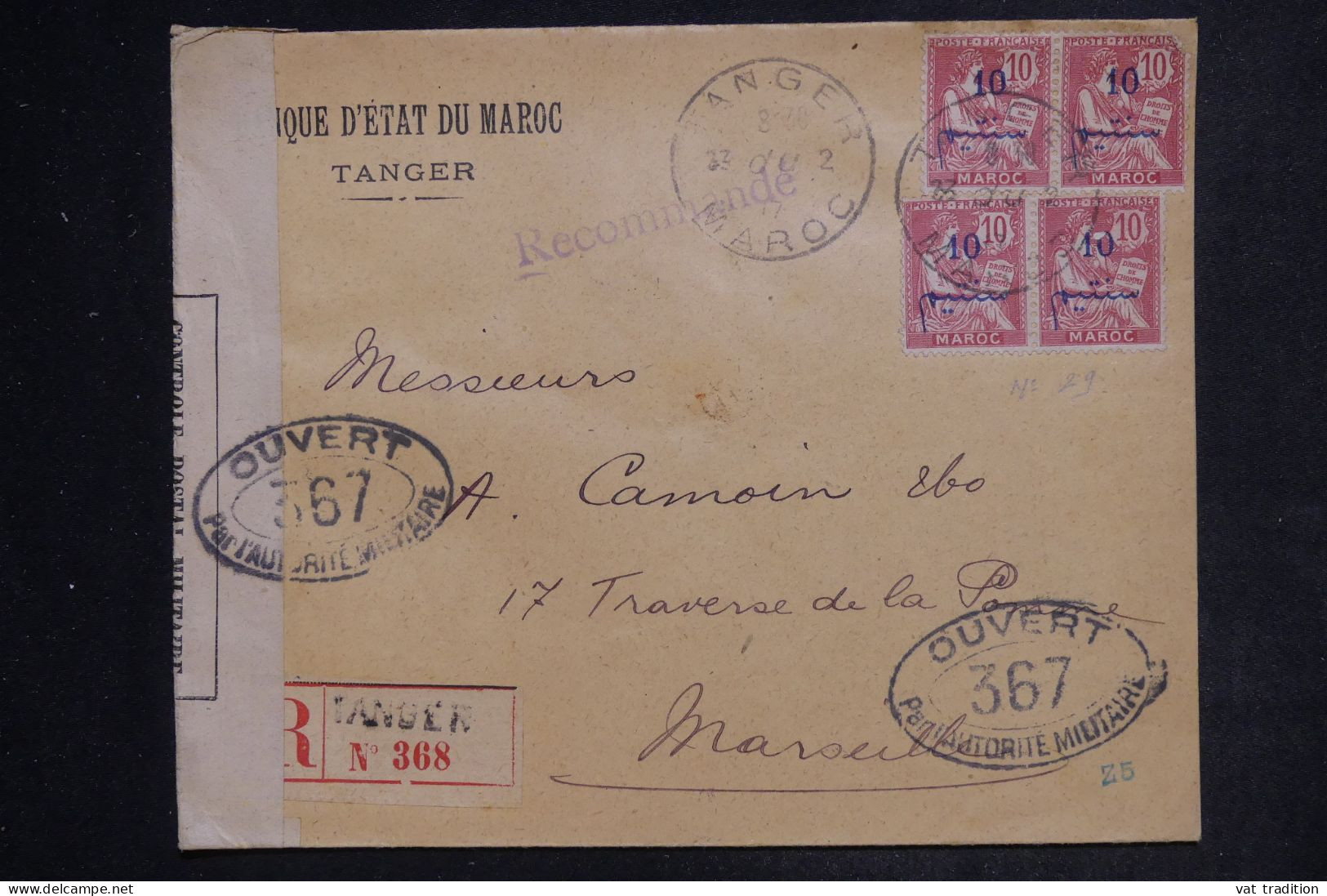 MAROC - Enveloppe En Recommandé De Tanger Pour Marseille En 1917 Avec Contrôle Postal - L 152474 - Brieven En Documenten