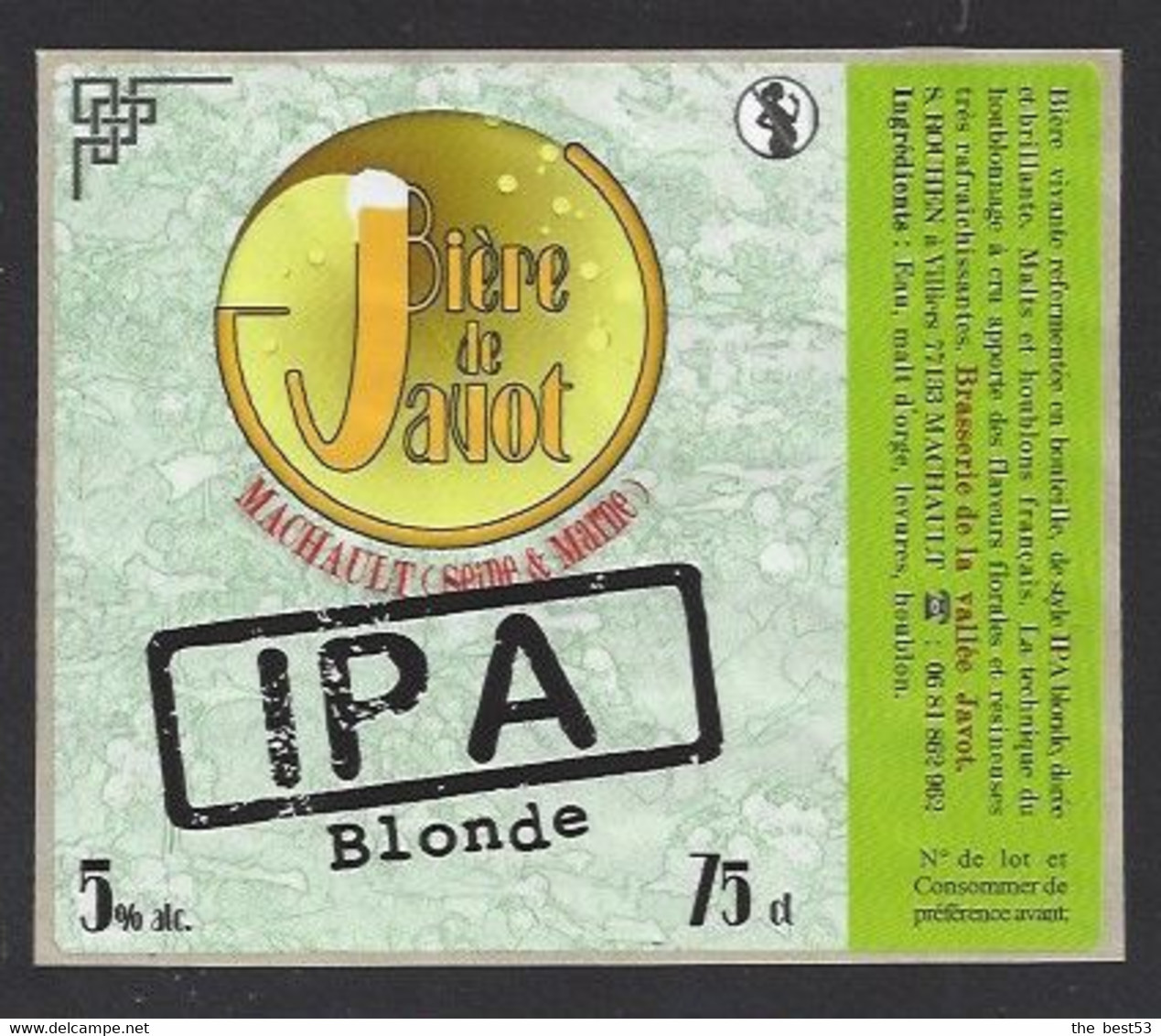 étiquettes De Bière IPA Blonde  75 Cl  -  De Javot  -  Brasserie S. Rouhen à Machault  (77) - Bière