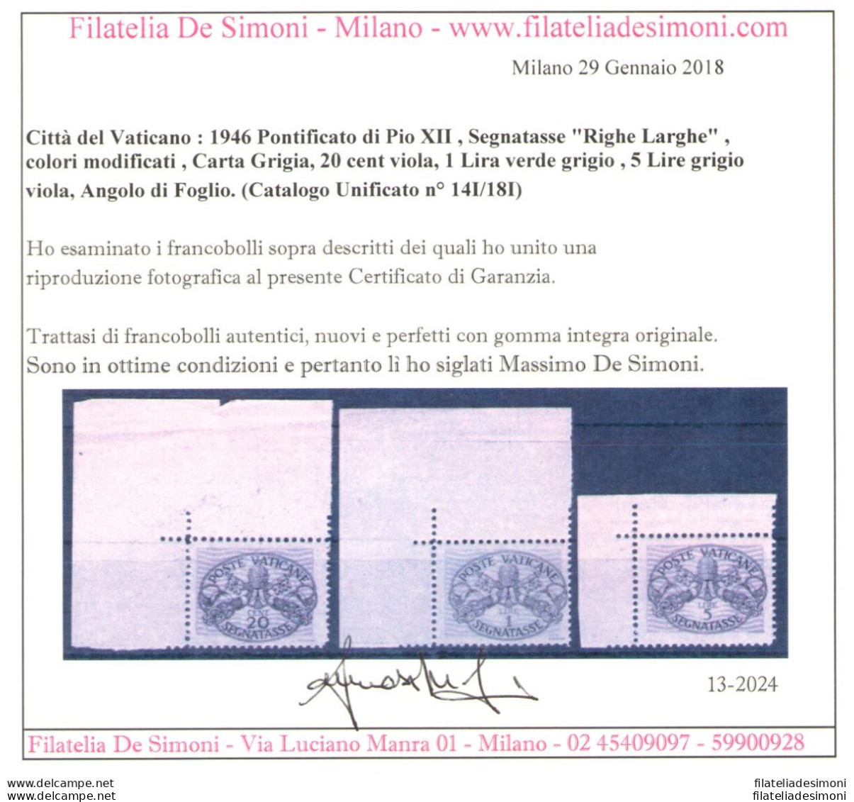 1946 Vaticano, Segnatasse Carta Grigia 3 Val, Angolo Di Foglio - MNH** - Andere & Zonder Classificatie