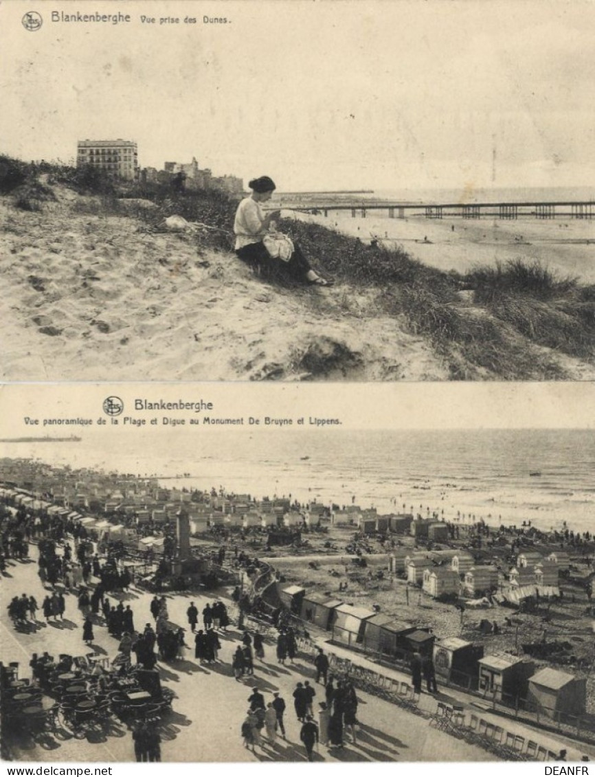 BLANKENBERGHE : Vue Prise Des Dunes + Vue Panoramique De La Plage Et Digue Au Monument De Bruyne Et L ( 2 Cartes ). - Blankenberge