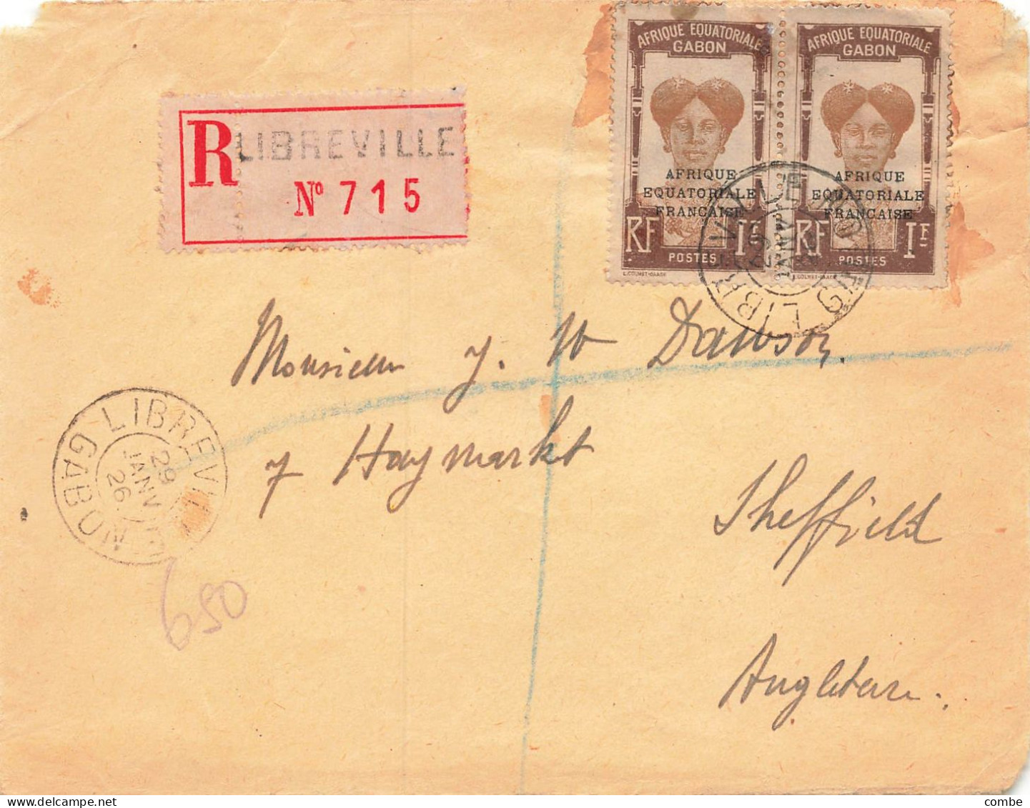 LETTRE. DEVANT. 29 JANV 26. RECOIMMANDE LIBREVILLE POUR ANGLETERRE - Covers & Documents