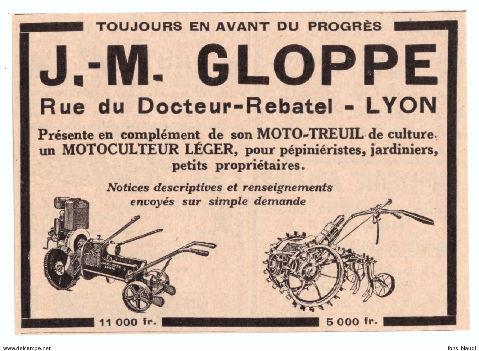 1932 - Publicité - Motoculteurs J.M. Gloppe Rue Du Docteur-Rebatel à Lyon - Advertising