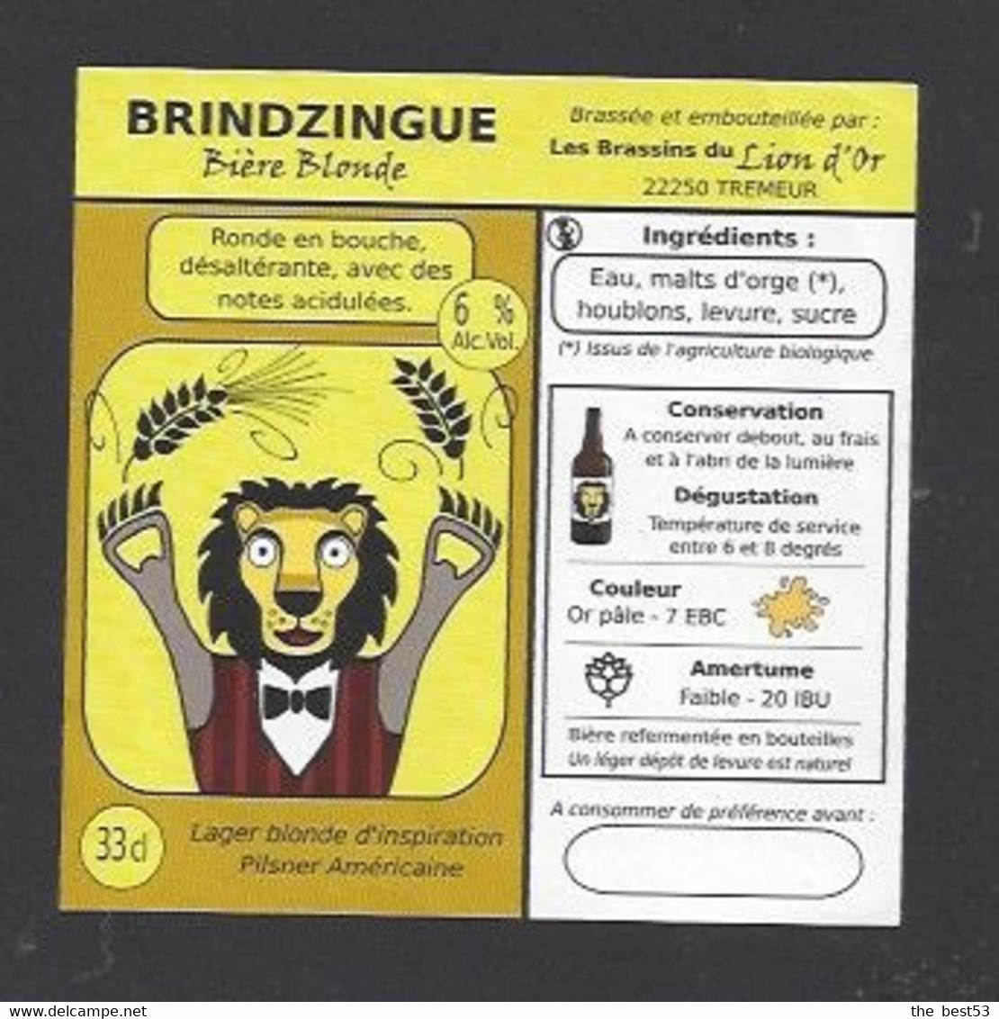 Etiquette De Bière Blonde  -  Brindzingue  -  Brasserie Les Brassins Du Lion D'Or  à Trémeur   (22) - Bière