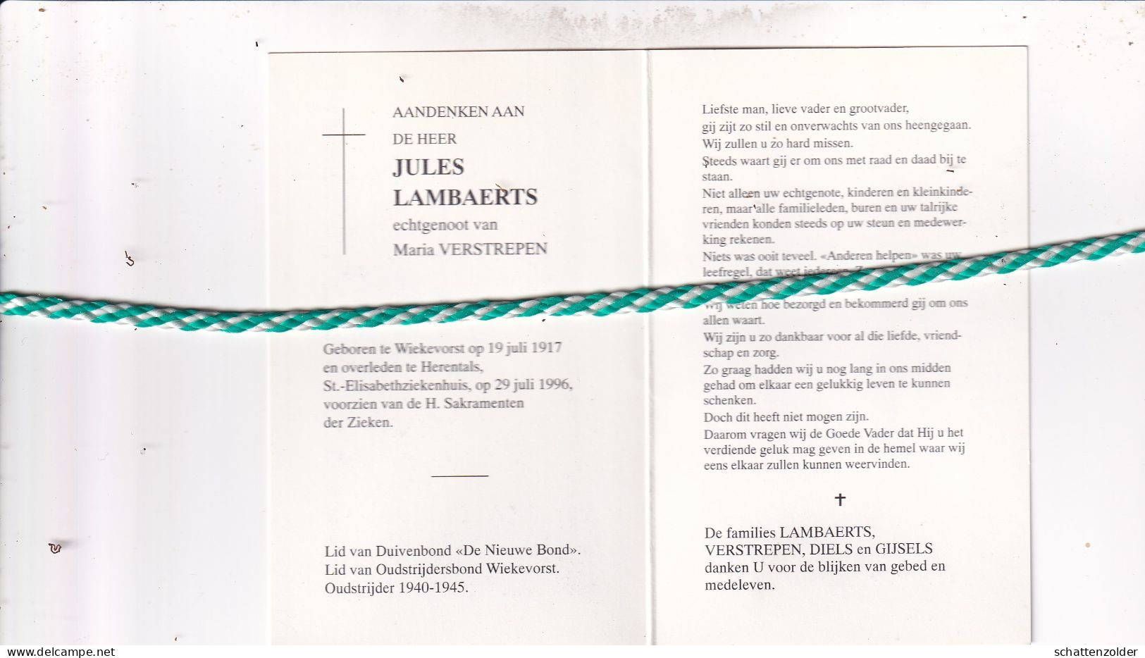 Jules Lambaerts-Verstrepen, Wiekevorst 1917, Herentals 1996. Foto - Overlijden