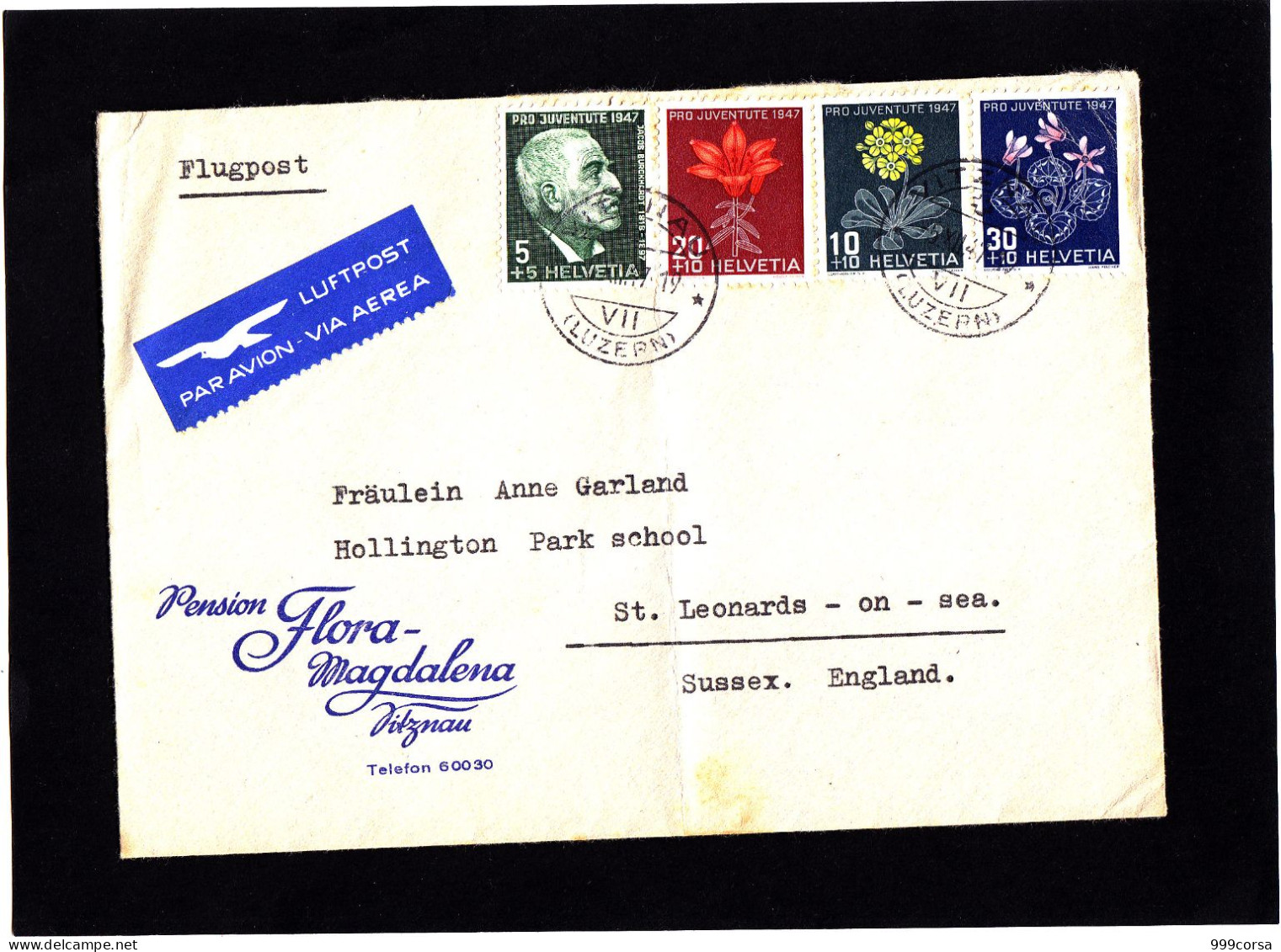 Svizzera, Pro Juventute 1947, Busta Da Vitznau (Lucerna), Pension Flora Magdalena 5-XII-47, Piega Centrale - Brieven En Documenten