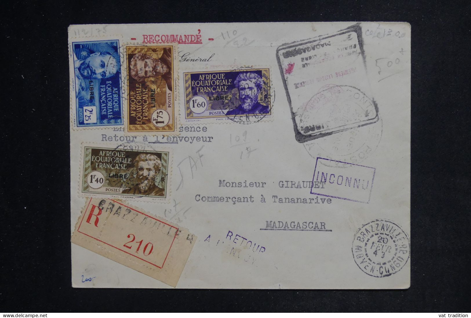 AEF - France Libre Sur Enveloppe En Recommandé De Brazzaville Pour Madagascar Et Retour En 1943 - L 152477 - Lettres & Documents