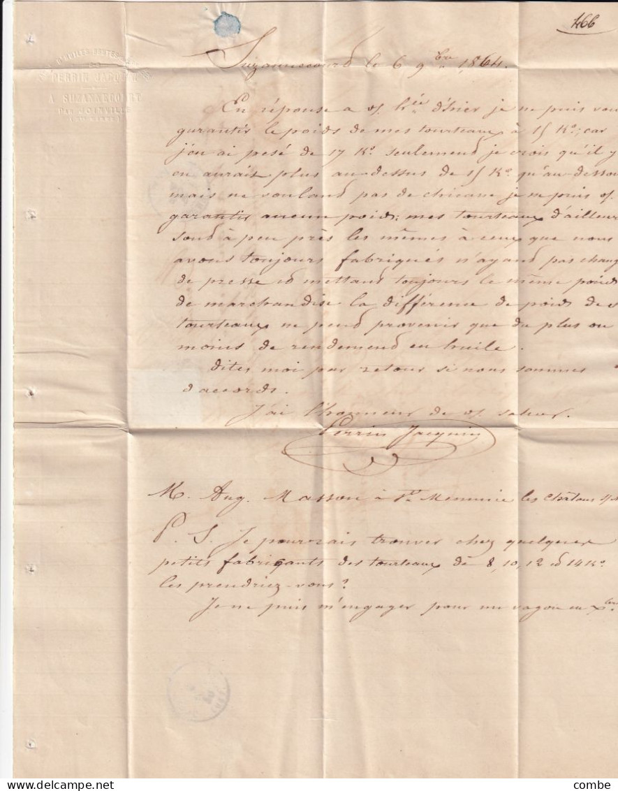 LETTRE. 8 NOV 64. N° 22. JOINVILLE S MARNE. GC DOUBLE 1878. BOITE RURALE O = SUZANNECOURT. POUR CHALON - 1849-1876: Période Classique