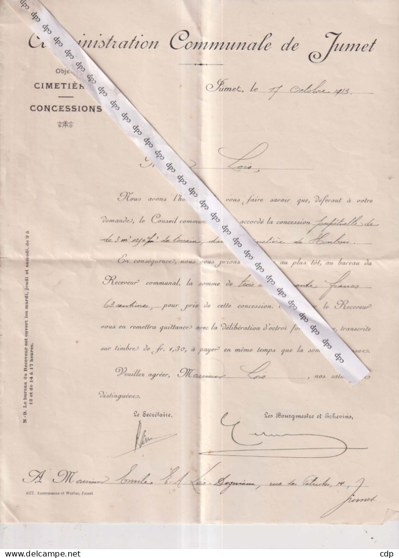 JUMET  Concessions Cimetière  1913 - Decrees & Laws