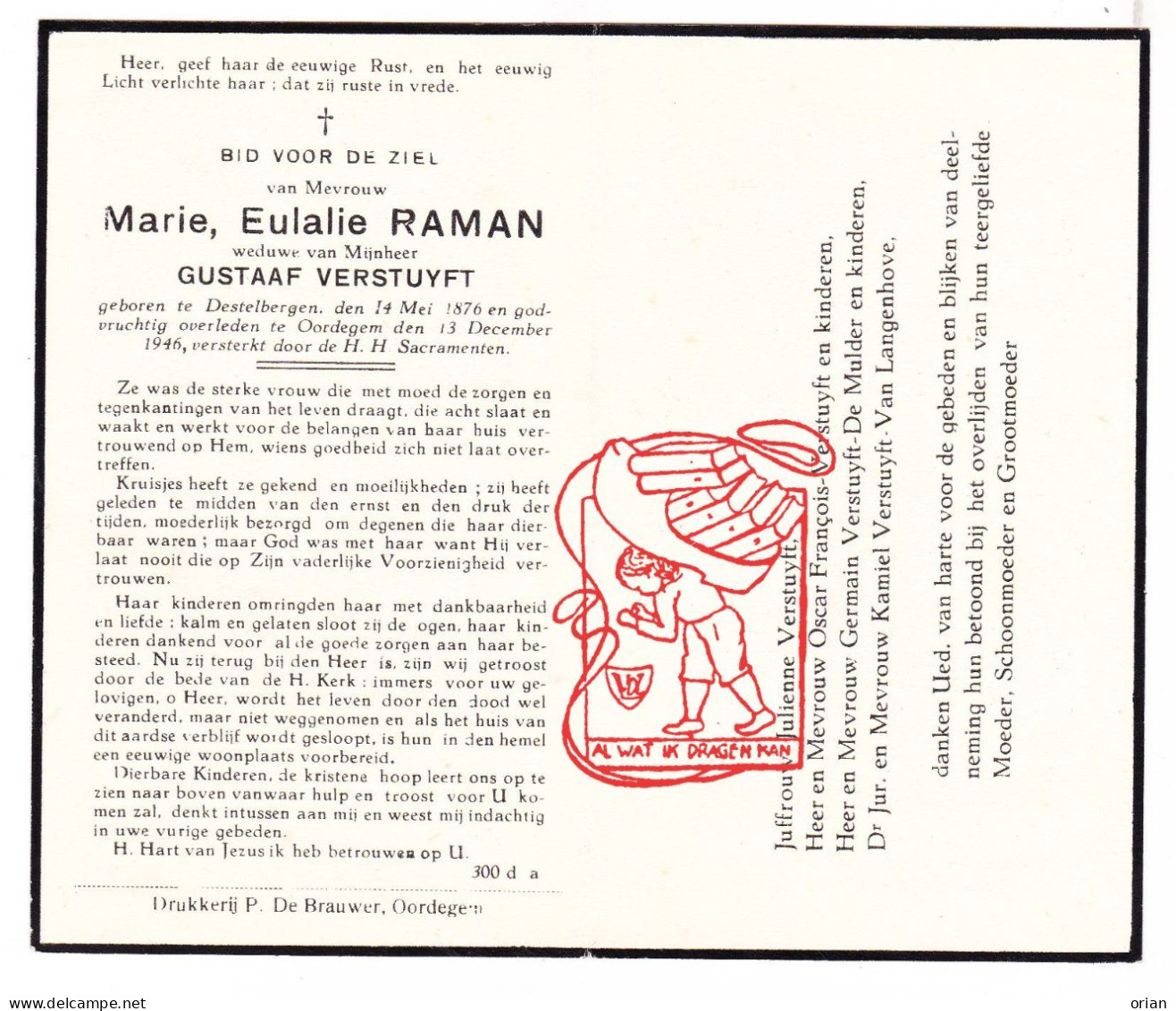 DP Marie Eulalie Raman ° Destelbergen 1876 † Oordegem Lede 1946 X Gustaaf Verstuyft // De Mulder Van Langenhove François - Images Religieuses