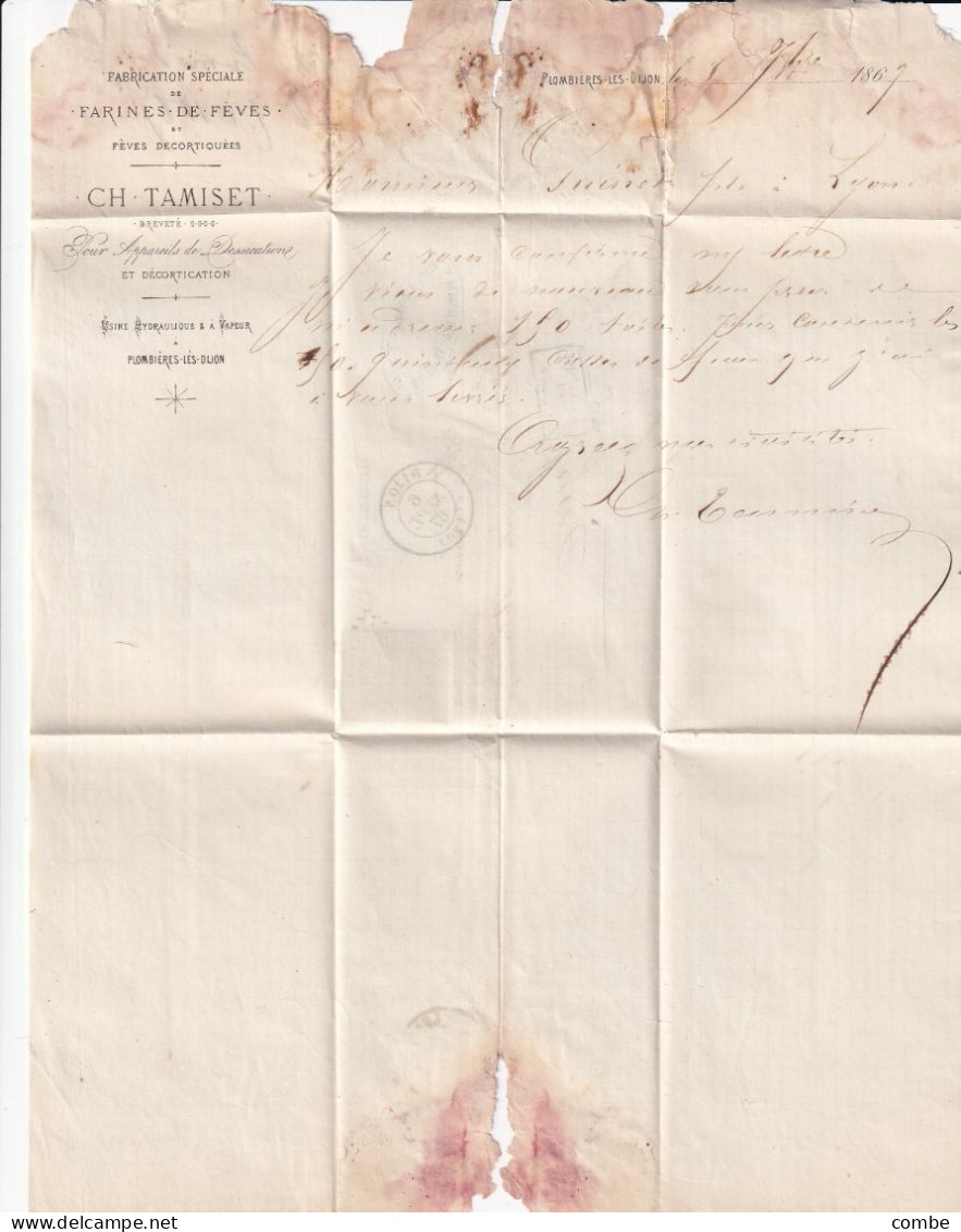 LETTRE. 6 SEPT 67. N° 22. DIJON. COTE D'OR. GC 1307. ORIGINE RURALE OR = PLOMBIERES. POUR LYON - 1849-1876: Klassieke Periode