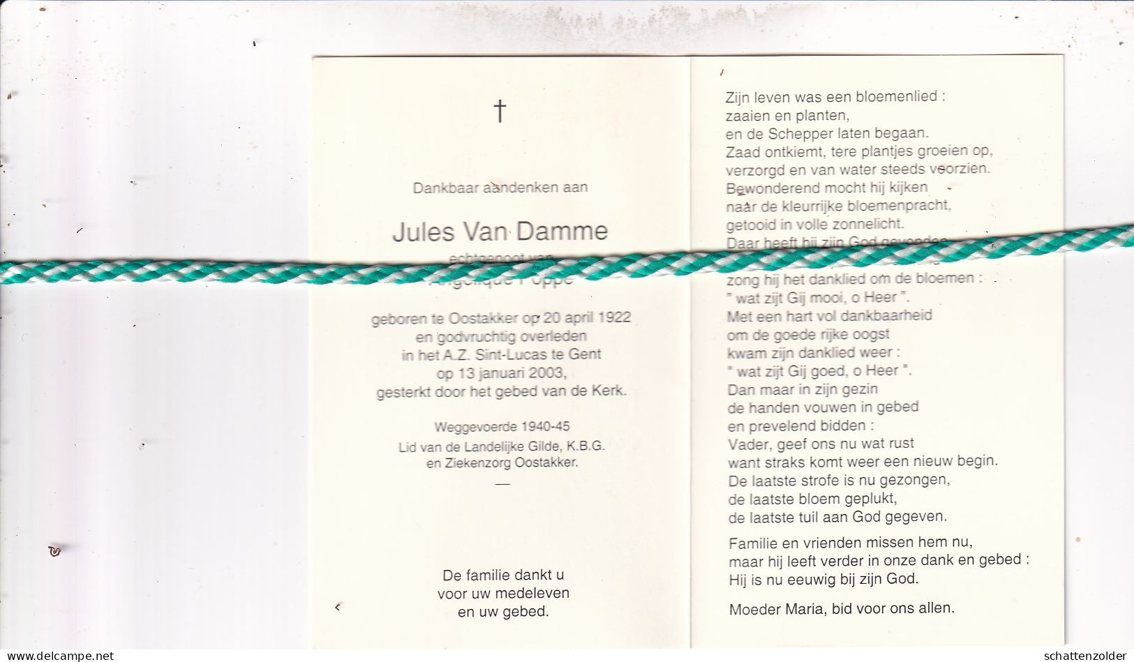 Jules Van Damme-Poppe, Oostakker 1922, Gent 2003. Foto - Décès