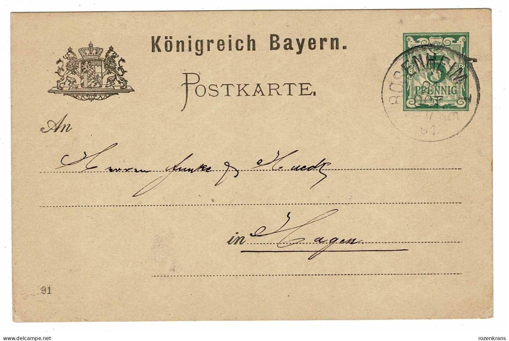 EP E.P. Entier Postale Ganzsache Deutschland Konigreich Bayern Rosenheim 1891  Postkarte Stuttgart 5 Pfennig Allemagne - Entiers Postaux