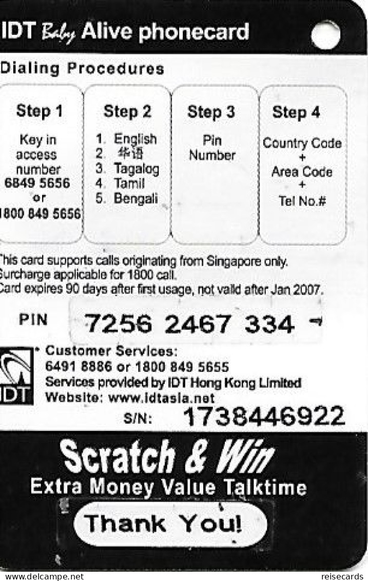 Singapore: Prepaid IDT - Alive 01.07 (half Size Card) - Singapour