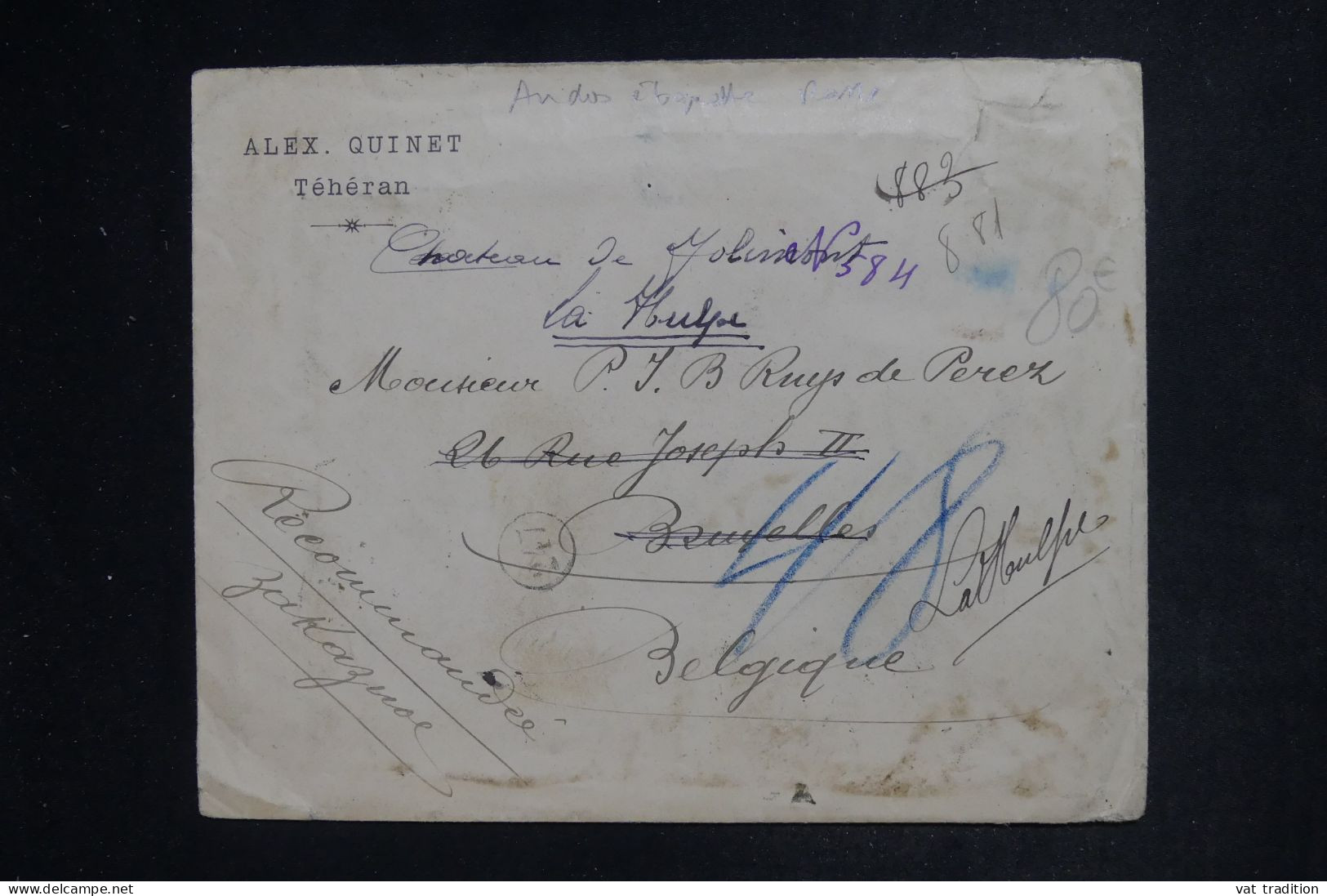 IRAN - Enveloppe  En Recommandé De Téhéran Pour La Belgique En 1913, Affranchissement Au Verso  - L 152482 - Iran