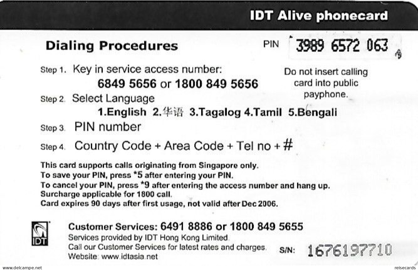 Singapore: Prepaid IDT - Alive 12.06 - Singapour