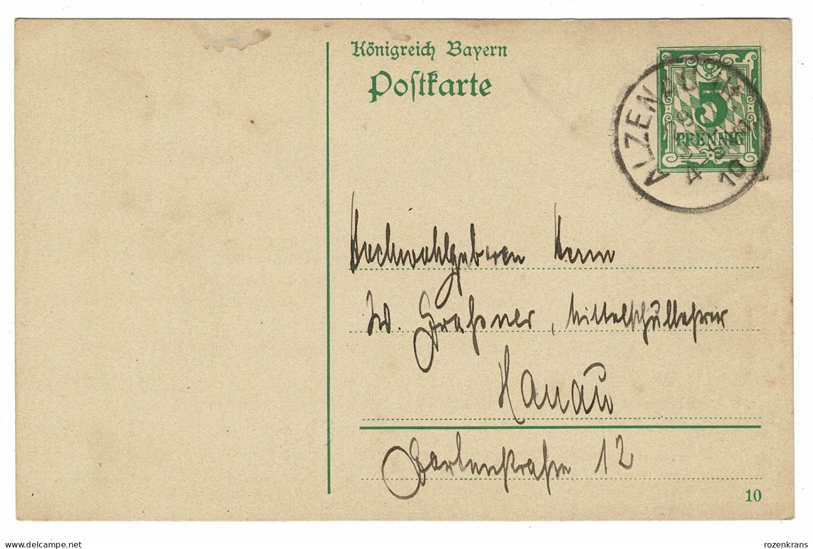 EP E.P. Entier Postale Ganzsache Deutschland Konigreich Bayern ALZENAU 1910  Postkarte Stuttgart 5 Pfennig Allemagne - Ganzsachen