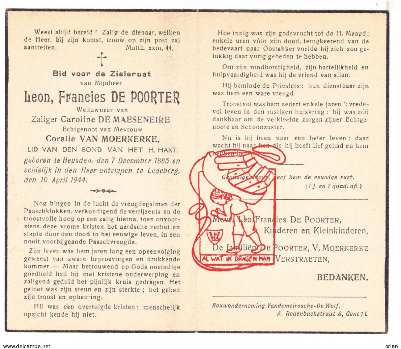 DP Leon Francies De Poorter ° Heusden Destelbergen 1865 † Ledeberg Gent 1944 De Maeseneire Van Moerkerke Verstraeten - Andachtsbilder