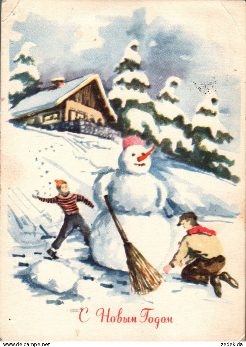 H2372 - Russische Glückwunschkarte Neujahr - Winterlandschaft Schneemann Snowman Kinder - Nouvel An