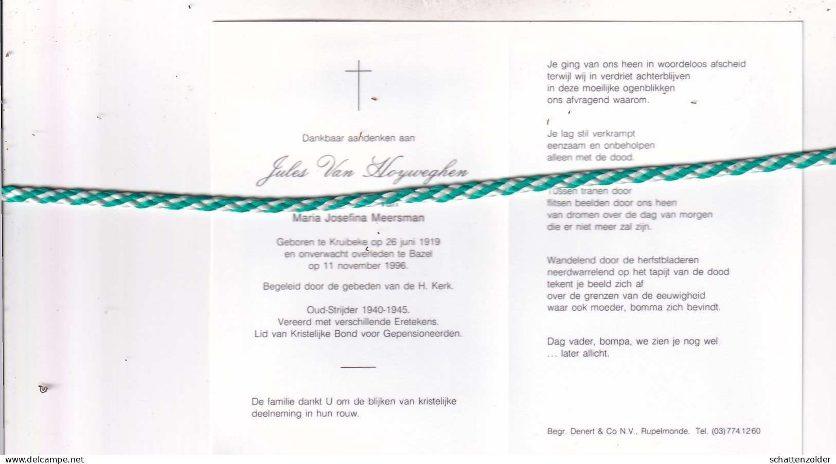 Jules Van Hoyweghen-Meersman, Kruibeke 1919, Bazel 1996. Oud-strijder 40-45; Foto - Obituary Notices