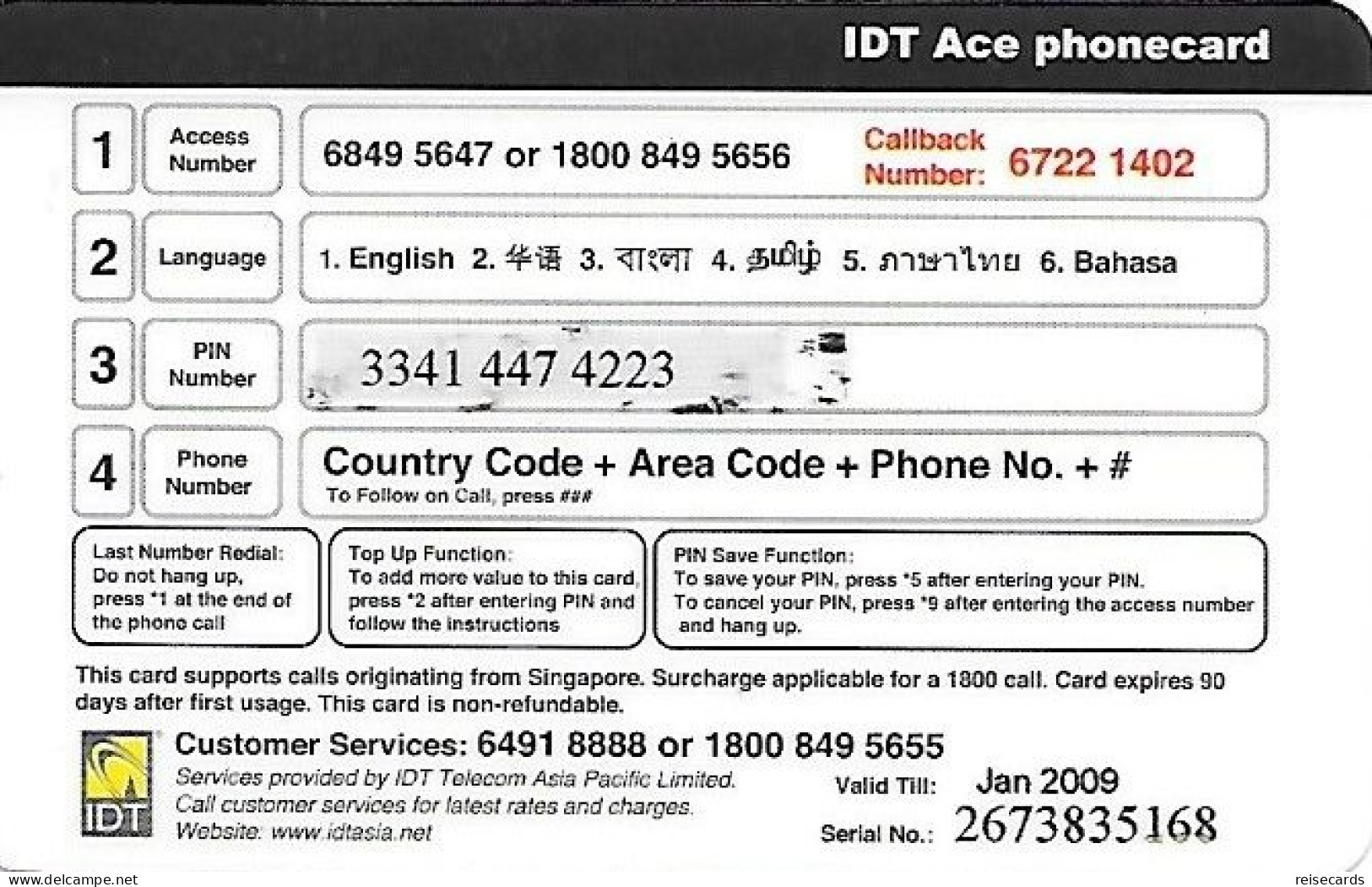 Singapore: Prepaid IDT - Ace - Singapore