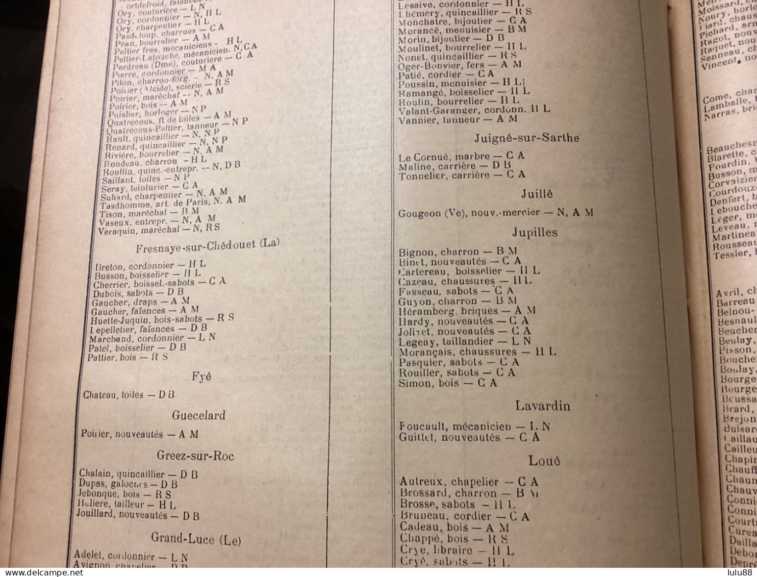 SARTHE.  RÉPERTOIRE Des Industries Artisans Des Communes Du Département Année 1910 26 Pages - Autres & Non Classés