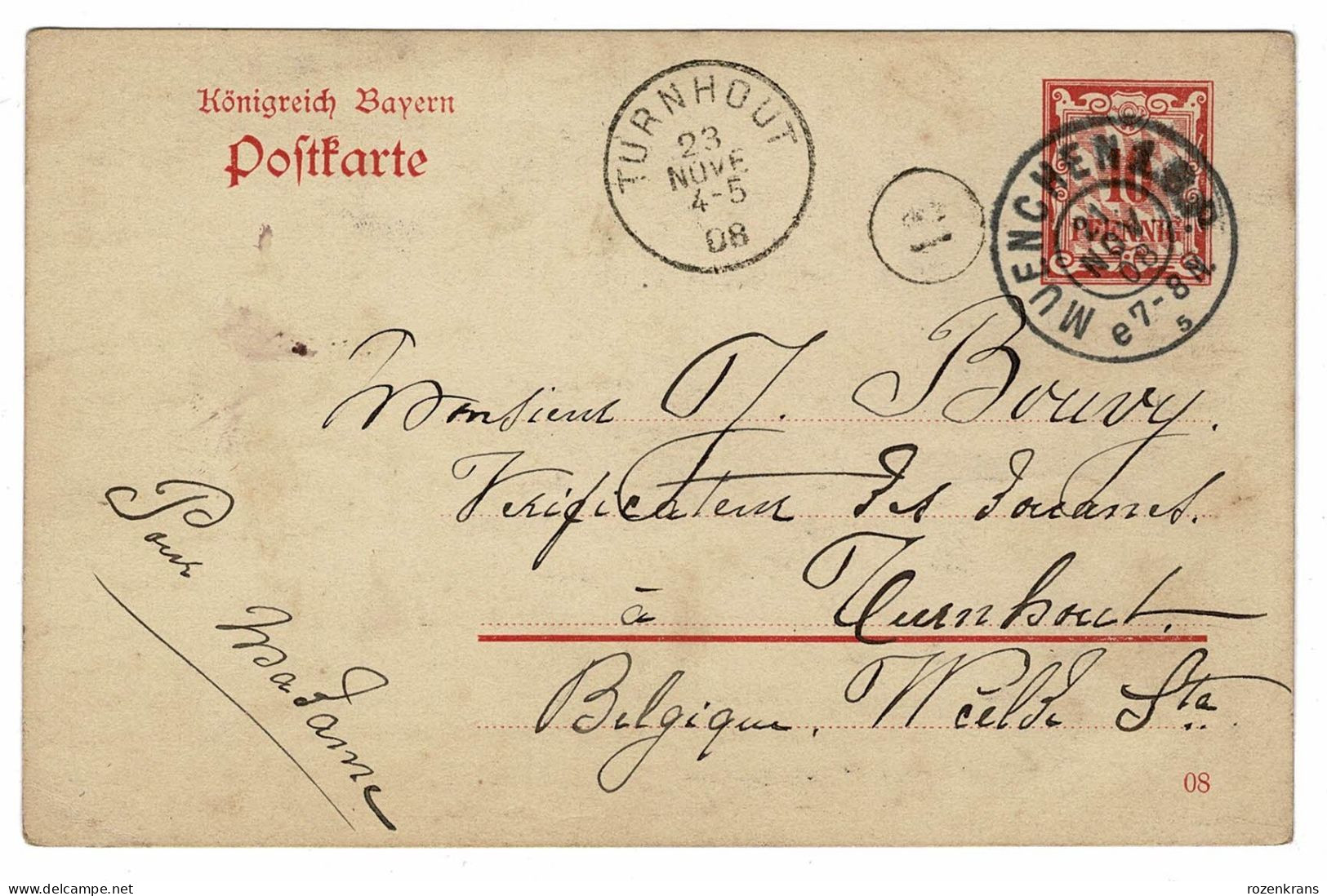 EP E.P. Entier Postale Ganzsache Deutschland Konigreich Bayern Muenchen 1908 Turnhout  Postkarte Stuttgart 5 Pfennig - Ganzsachen