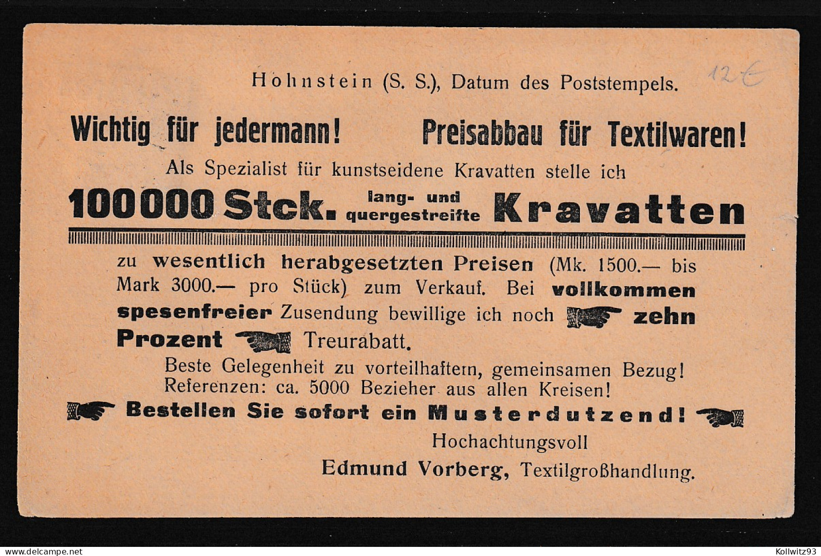 DR., Reklame-Karte, Textil-Großhandlung, E. Vorberg, Hohnstein - Autres & Non Classés