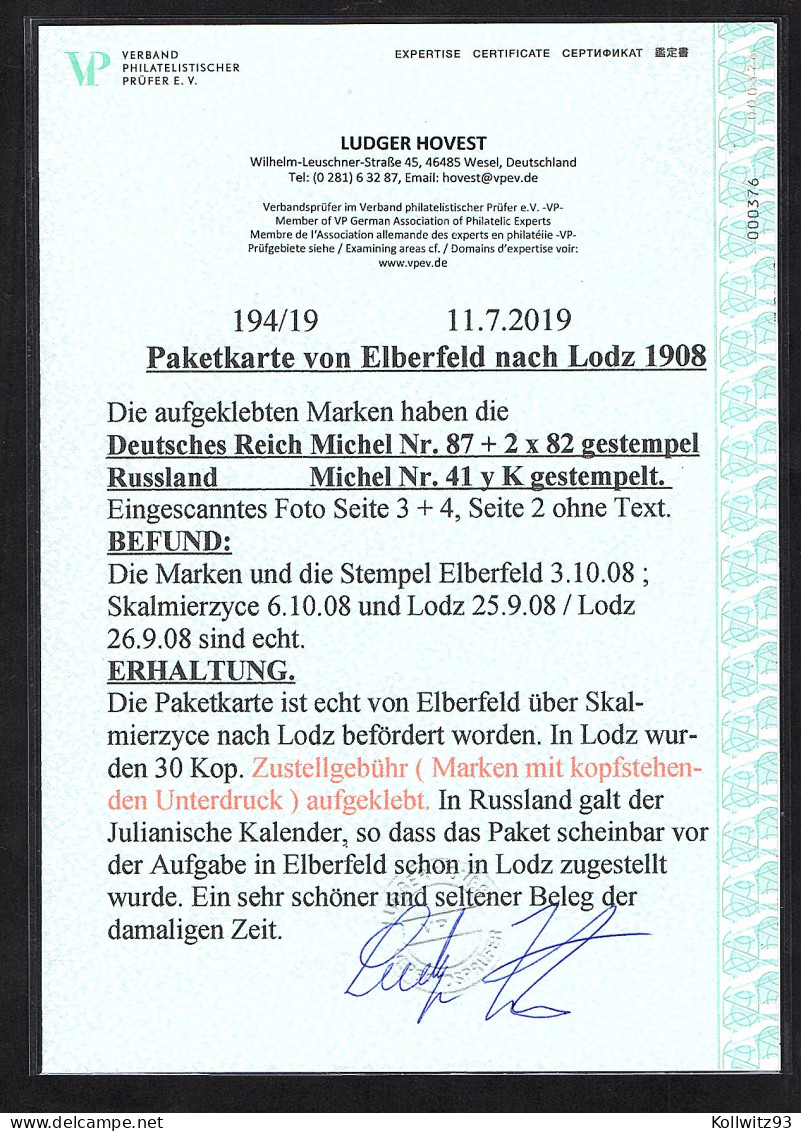 DR. Paketkarte Von Elbefeld, Mit Mi.-Nr.  87 I+2x 82,  3 X 41 Y K, FA. Hovest - Sonstige & Ohne Zuordnung