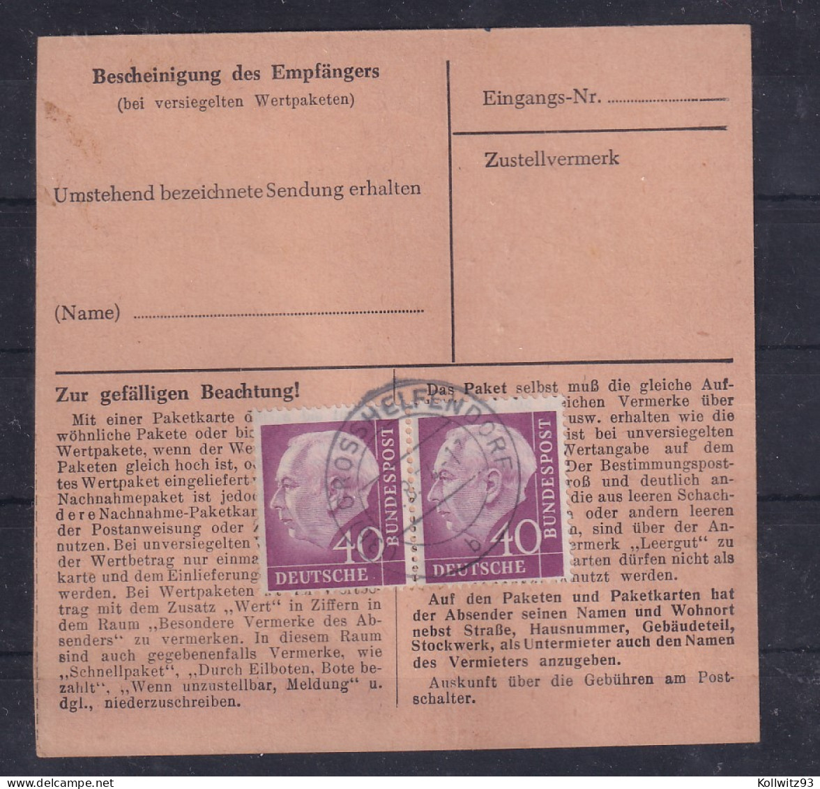 Bund ,Paketkarte Mit Me.F. Mi.-Nr. 188/188, Befund SchlegelBPP. - Andere & Zonder Classificatie