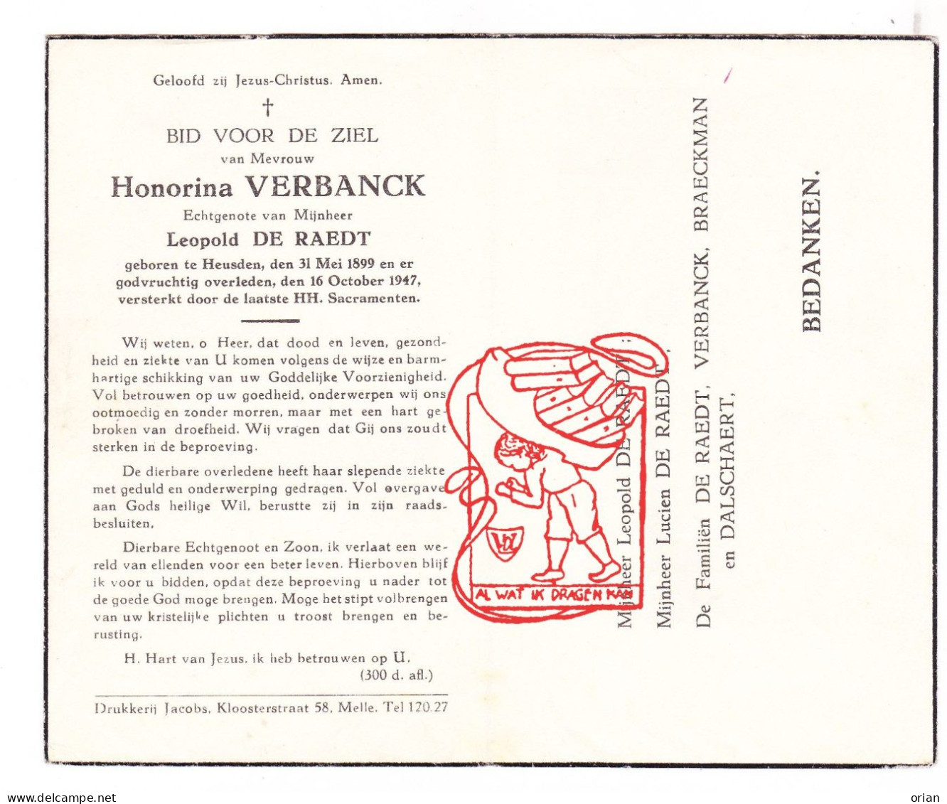 DP Honorina Verbanck ° Heusden Destelbergen 1899 † 1947 X Leopold De Raedt // Braeckman Dalschaert - Andachtsbilder