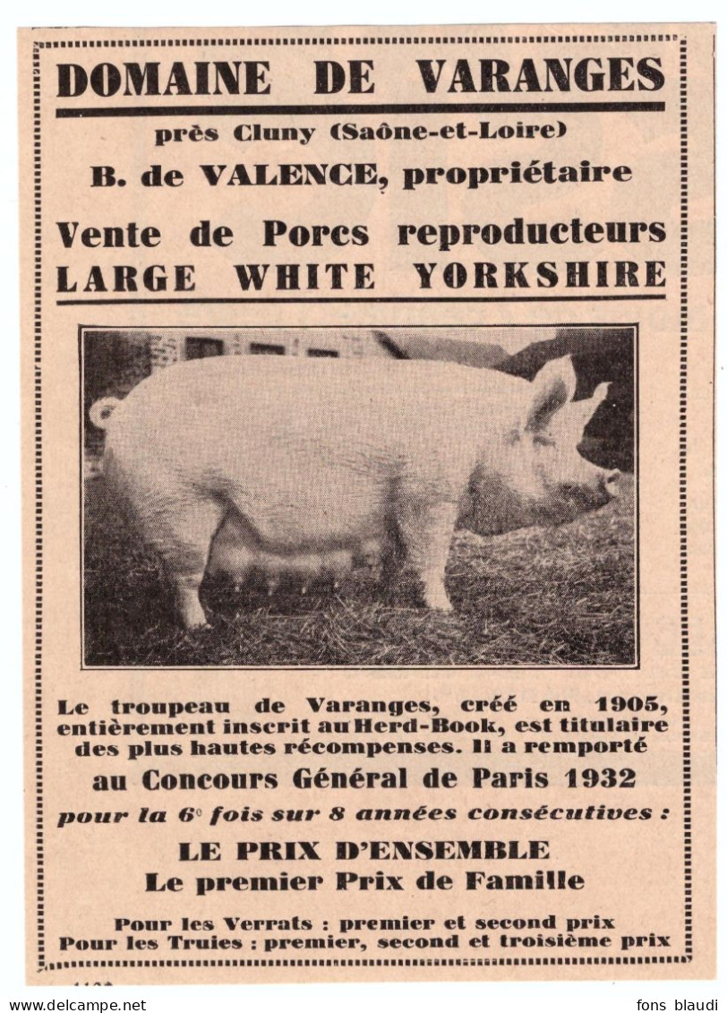 1932 - Publicité - Domaine De Varanges élevage Porcin Près De Cluny (saône-et-Loire) - Advertising
