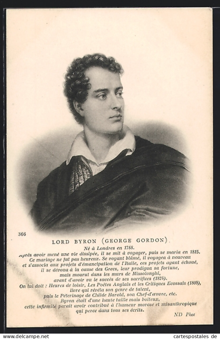 AK Portrait Von Lord Byron George Gordon, Geb. 1788  - Ecrivains