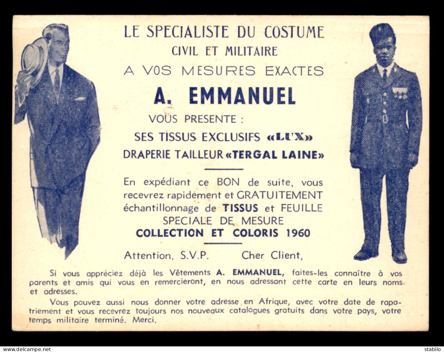 JUDAISME - PUBLICITE - A. EMMANUEL, LE SPECIALISTE DU COSTUME CIVIL ET MILITAIRE, MARSEILLE-COLBERT (BOUCHES-DU-RHONE) - Judaika