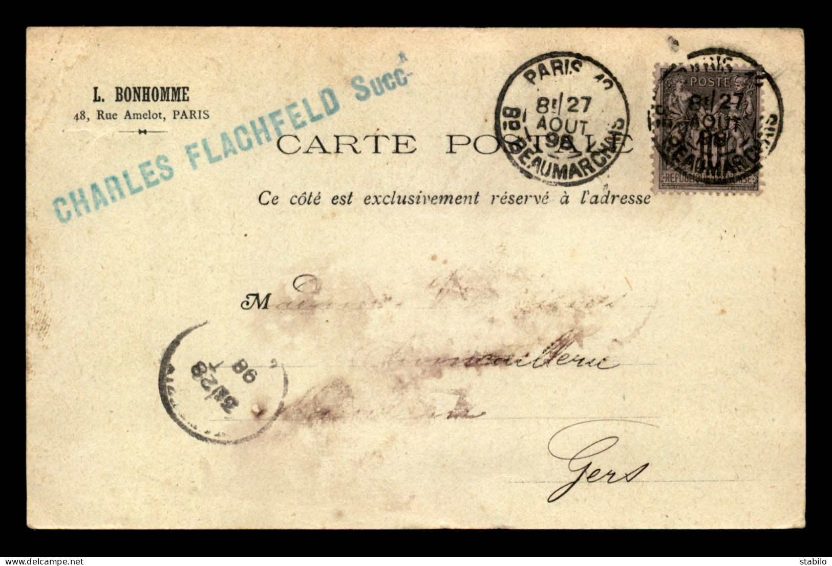 JUDAISME - CARTE DE SERVICE "L. BONHOMME" RUE AMELOT PARIS - CHARLES FLACHFELD SUCC - Judaisme