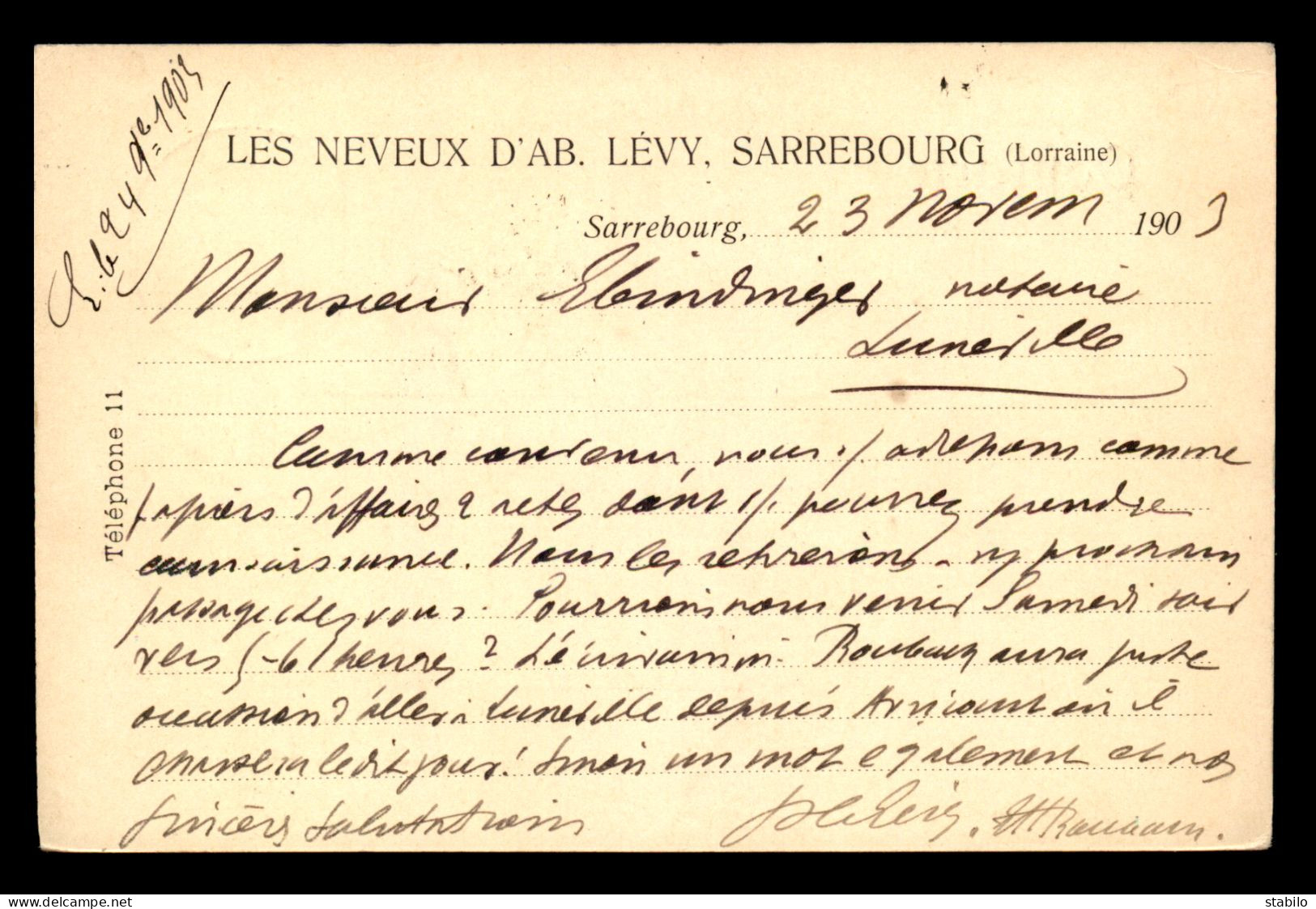 JUDAISME - CARTE DE SERVICE "LES NEVEUX D'AB. LEVY" SARREBOURG - Judaisme