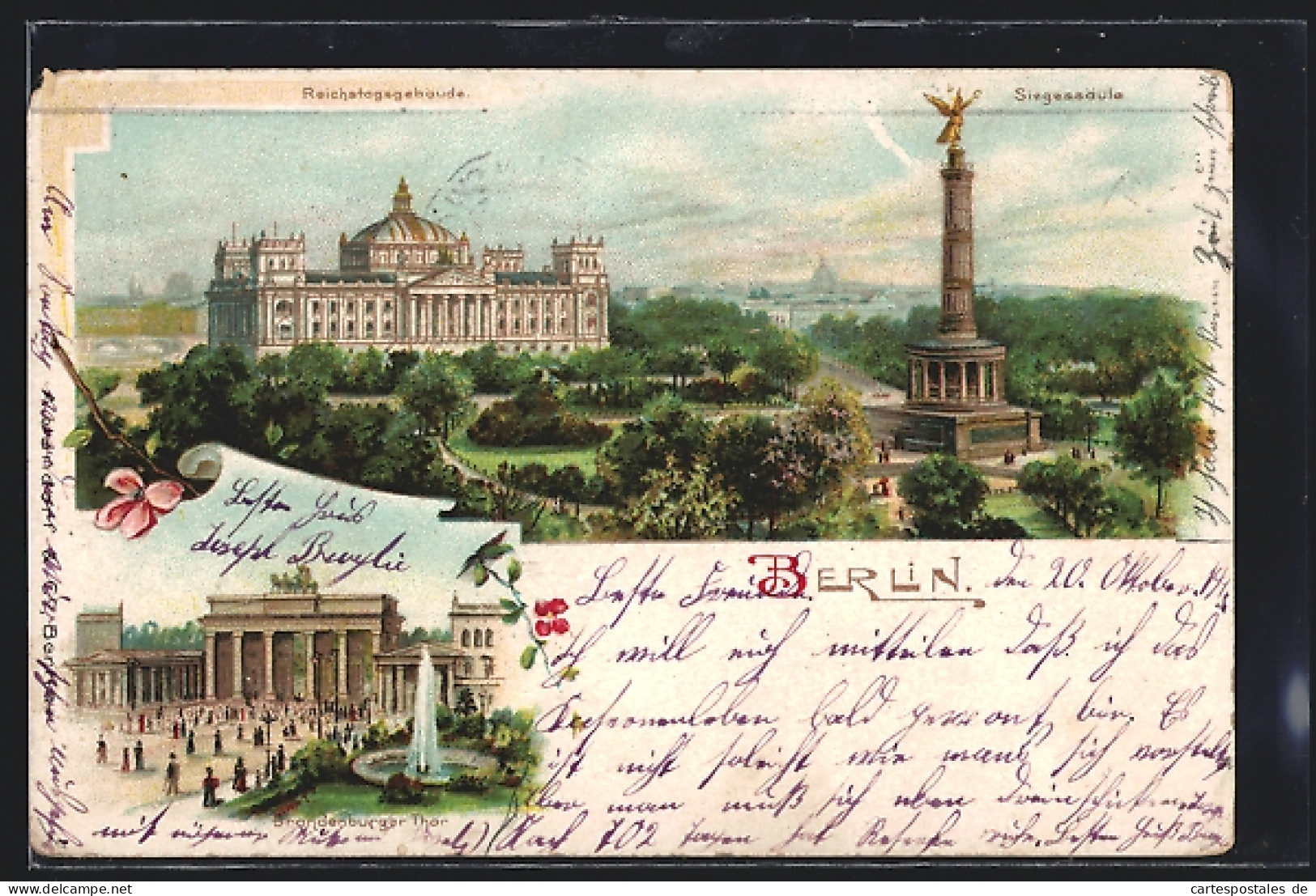 Lithographie Berlin-Tiergarten, Reichstag Mit Siegessäule, Brandenburger Tor Mit Fontäne  - Tiergarten