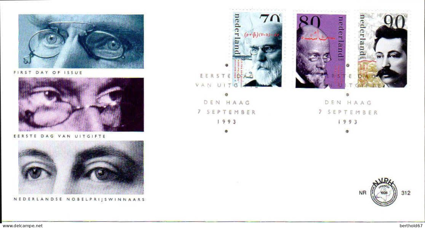Pays-Bas Poste Obl Yv:1449/1451 Prix Nobel Néerlandais Fdc Den Haag 7 September 1993 - Gebraucht