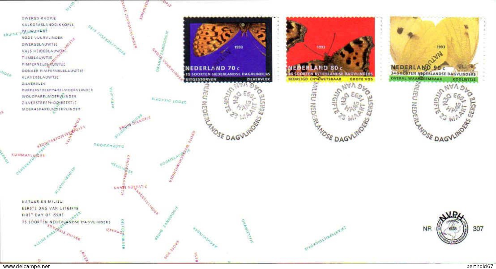 Pays-Bas Poste Obl Yv:1434/1436 Papillons Fdc Den Haag 23 Maart 1993 - Oblitérés