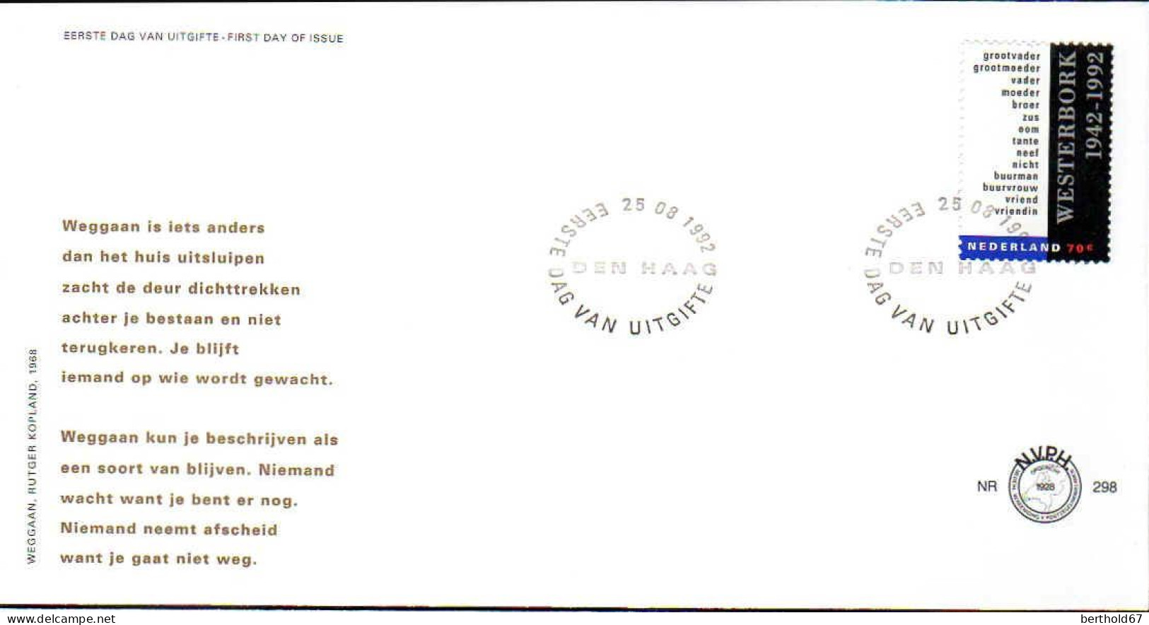 Pays-Bas Poste Obl Yv:1409 Mi:1145 Westerbork 1942-1992 Fdc Ben Haag 25-08-1992 - Gebraucht