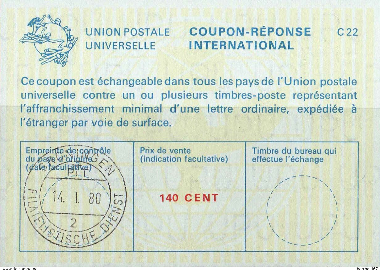 Pays-Bas Obl UPU (60) Coupon-Réponse International C22 140 Cent (TB Cachet à Date) - Other