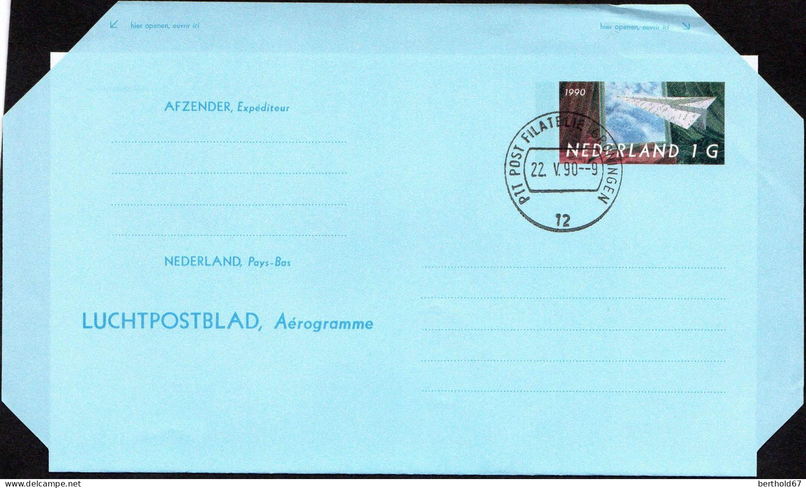 Pays-Bas Aérogr Obl (55) Luchpostblad Aérogramme Avion En Papier (TB Cachet à Date) 1G - Postwaardestukken