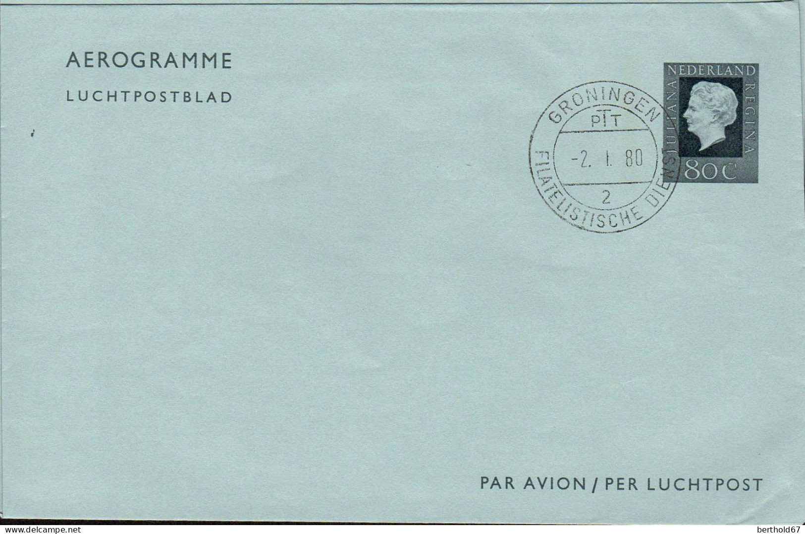 Pays-Bas Aérogr Obl (53) Aérogramme Luchpostblad Reine Juliana (TB Cachet à Date) 80c - Postwaardestukken