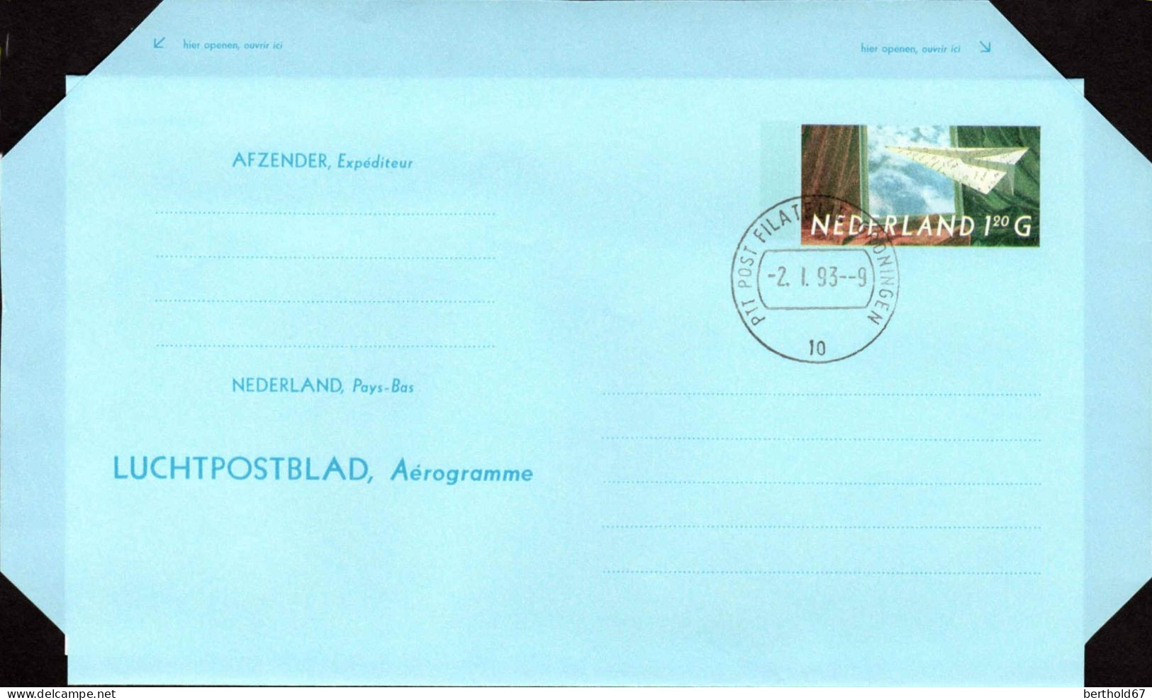 Pays-Bas Aérogr Obl (1) Luchpostblad Aérogramme Avion En Papier (TB Cachet à Date) - Interi Postali