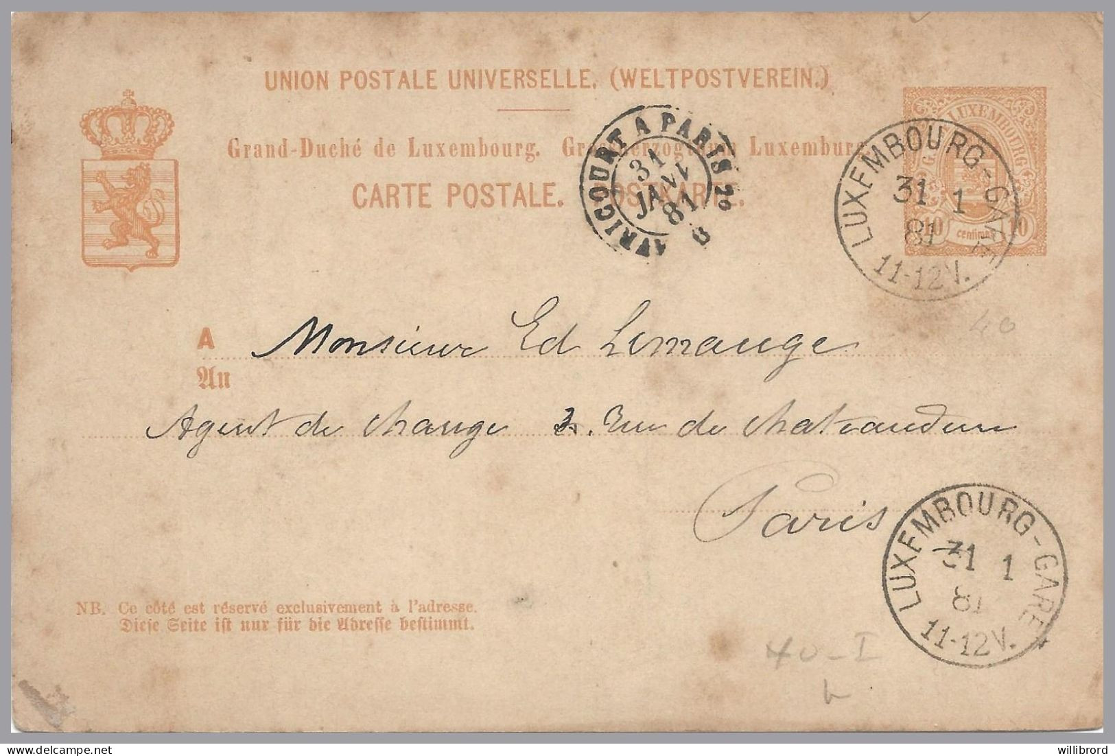 LUXEMBOURG - 1881 France AVRICOURT A PARIS Transit Bureau Ambulant - 10c Luxembourg Arms Postal Card - Prifix 40 - 1859-1880 Coat Of Arms